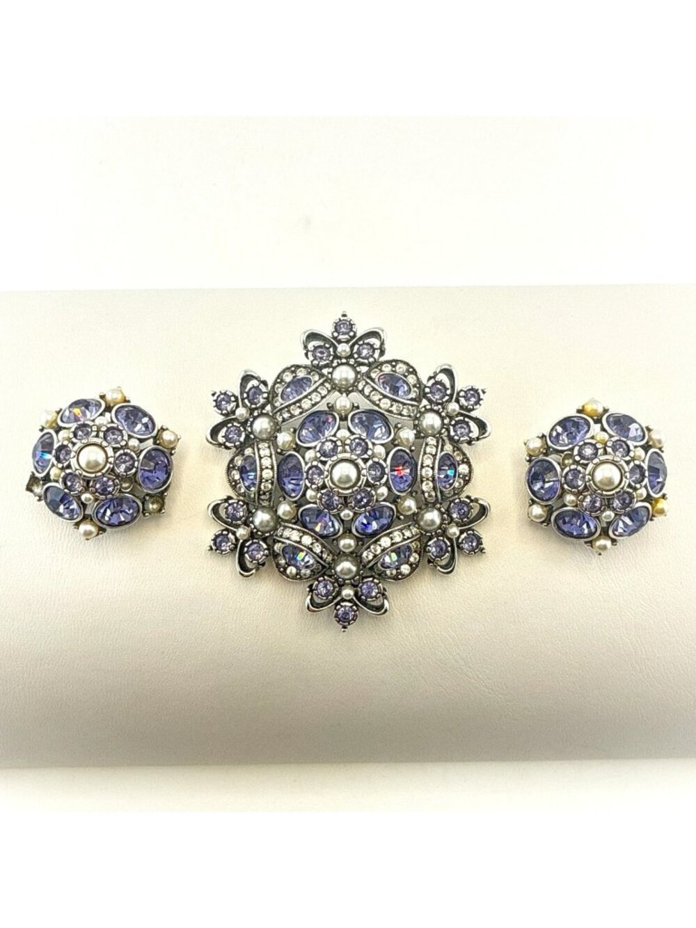 Joan Rivers Brooch Pin Earrings Set Purple Silver Tone Ornate Rhinestone CLIP ON